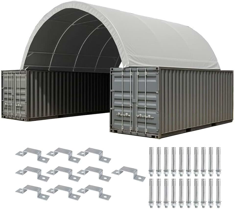 20' x 40' Shipping Container Shelter Kit - 21 oz PVC Waterproof Dark Gray Canopy Shelter with Clamp & Expansion Bolt Kit, Heavy Duty Anchoring Hardware Set