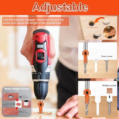 Image of Sunkizzrs 12-Pcs Countersink Drill Bit Set for Woodworking-10mm Aperture -5 /16 inchRound Shank with Extra Pilot Drill Bit & 10mm Dia Hole Punching Tool & Adjustable Depth Stop Collar (2.8 /3 /3.2 /3.5 /4mm)
