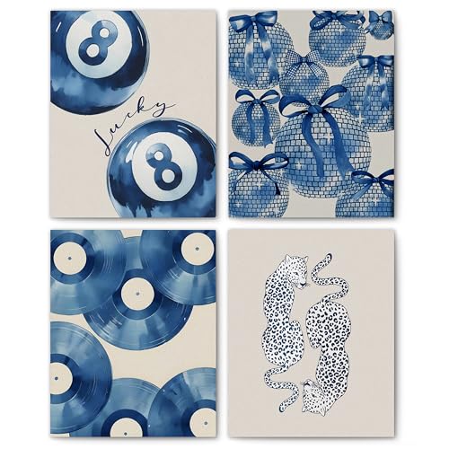 FITIE Trendy Retro Blue Y2K Wall Art Prints Set of 4, Funky Retro Lucky 8 Ball Coquette Bow Disco Ball Record Cheetah Wall Art Posters for Home Bedroom Room Dorm Apartment Decor, 8x10 Unframed