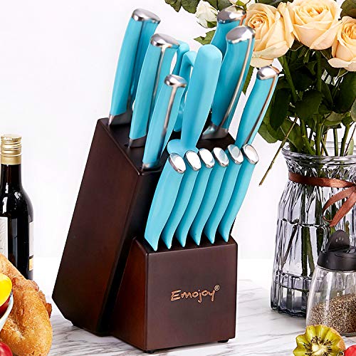 Emojoy Knife Set, 15-Piece Kitchen Knife Set with Wooden Block, Blue Handle for Chef Knife Set, German Stainless Steel Perfect Cutlery Set - Thumbnail 6