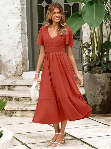 Image of Simplee Womens Summer Smocked Flowy Dress - Casual Flutter Sleeve Tiered Boho Maxi Dresses with Pockets