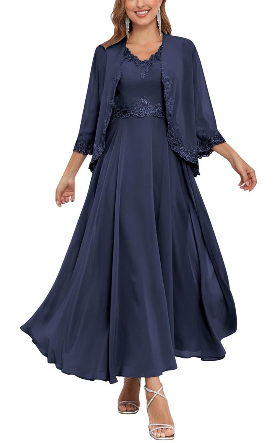 Kurface Women's Navy Blue Long Sleeve Mother Of The Bride Dresses For Wedding With Jacket 2 Pieces Chiffon Mother Of Groom Gown Uk24