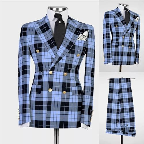 Mens Double-Breasted Plaid Blazer Checkered Leisure Prom Tuxedo Grooms 2 Pieces Slim Fit Suits Set2