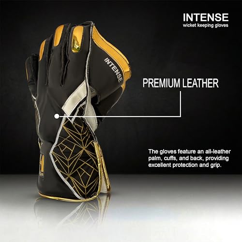 Image of Heega Intense Black PU Leather Cricket Wicket Keeping Gloves Suitable for Professional Players | Durable Construction, Superior Grip, High-Density Finger Protection (Men)