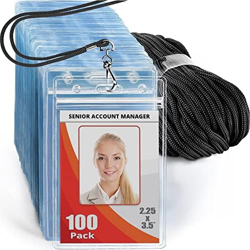 Mifflin-USA Lanyard with Vertical ID Name Holder (Black Cord, Clear 2.25x3.5 Inch Card Holder, 100 Pack)