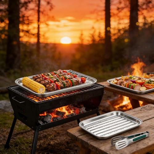 Mujiluxe grillschale,grillschalen,grillschale Edelstahl,Wiederverwendbare Grillplatten-Set aus Edelstahl beinhaltet,Set aus 3 Lochplatten 34,5x24x2cm + Zange,für Gemüse, Fleisch und Fisch (Silber)