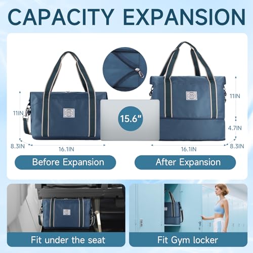 WALNEW Travel Duffel Bag, Weekender Overnight Carry On Bag for Women Men, Foldable Waterproof Gym Luggage with Metal Buckle Detachable Shoulder Strap and Wet Compartment (Peacock Blue)2