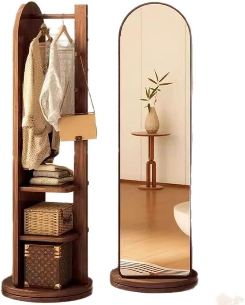 全身鏡 縦型 背面ハンガー付き 収納 回転式 省スペース 家庭用 スリム 多機能 (ウォールナット色,50*170cm)