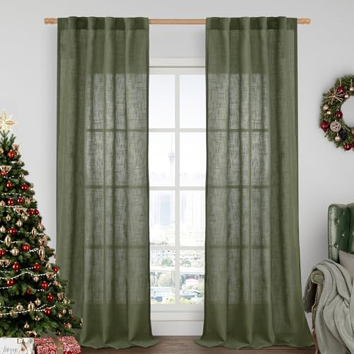 LAMIT Olive Green Linen Curtains for Living Room 84 inch Length 2 Panels