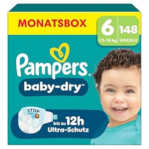 Pampers Baby-Dry Größe 6, 148 Windeln, 13kg-18kg, Bis zu 100% Auslaufschutz & Komfort die ganze Nacht