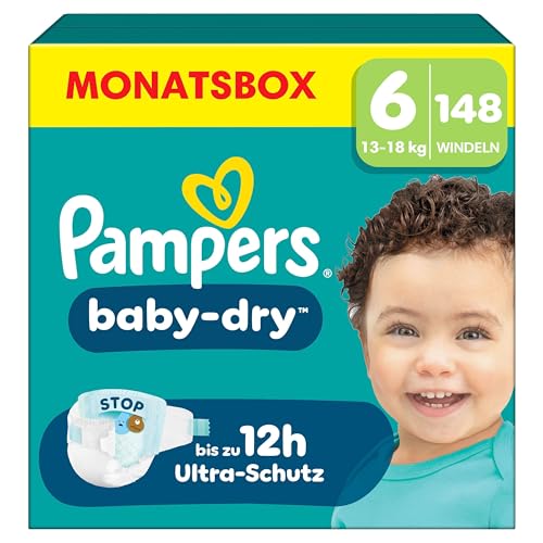 Pampers Baby-Dry Größe 6 148 Windeln 13kg-18kg Bis zu 100% Auslaufschutz & Komfort die ganze Nacht