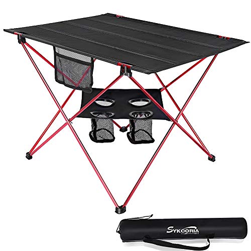 Sykooria アウトドアテーブル キャンプテーブル アルミ製 折りたたみ式 静止耐荷重30kg 超軽量 高耐久性 オックスフォード天板 防水 耐熱 ドリンクホルダー＆メッシュポケット付き 専用収納バック付属 コンパクトテーブル 携帯便利 ファブリック ビーチ BBQ キャンプ用(S)