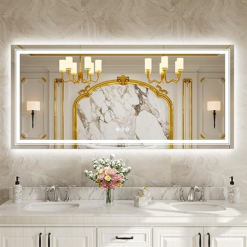 Image of WTTY LED Bathroom Mirror 84''x40'' with Front and Backlight, Large Dimmable LED Vanity Wall Mirrors, Double LED Mirror for Bathroom with Anti-Fog, 3 Colors, Memory Function, Shatter-Proof, ETL Listed