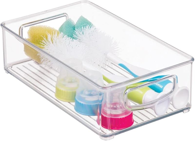 Small Plastic Baby Nursery and Food Organizer -Storage Holder Bin with Handles for Closet, Cupboard, Cabinet, Drawers, Shelves - Holds Canned Food, Bottles, Formula - Ligne Collection, Clear