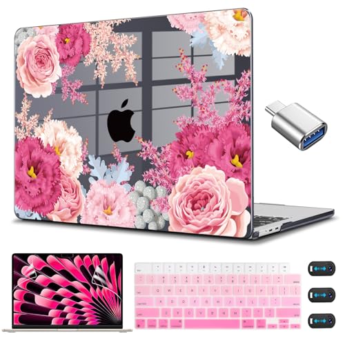 CISSOOK Floral Case Cover for MacBook Air 15 Inch 2023 2024 2025 Release A2941 A3114 A3241, Plastic Hard Shell Case with Keyboard Cover USB Adapter for MacBook Air 15