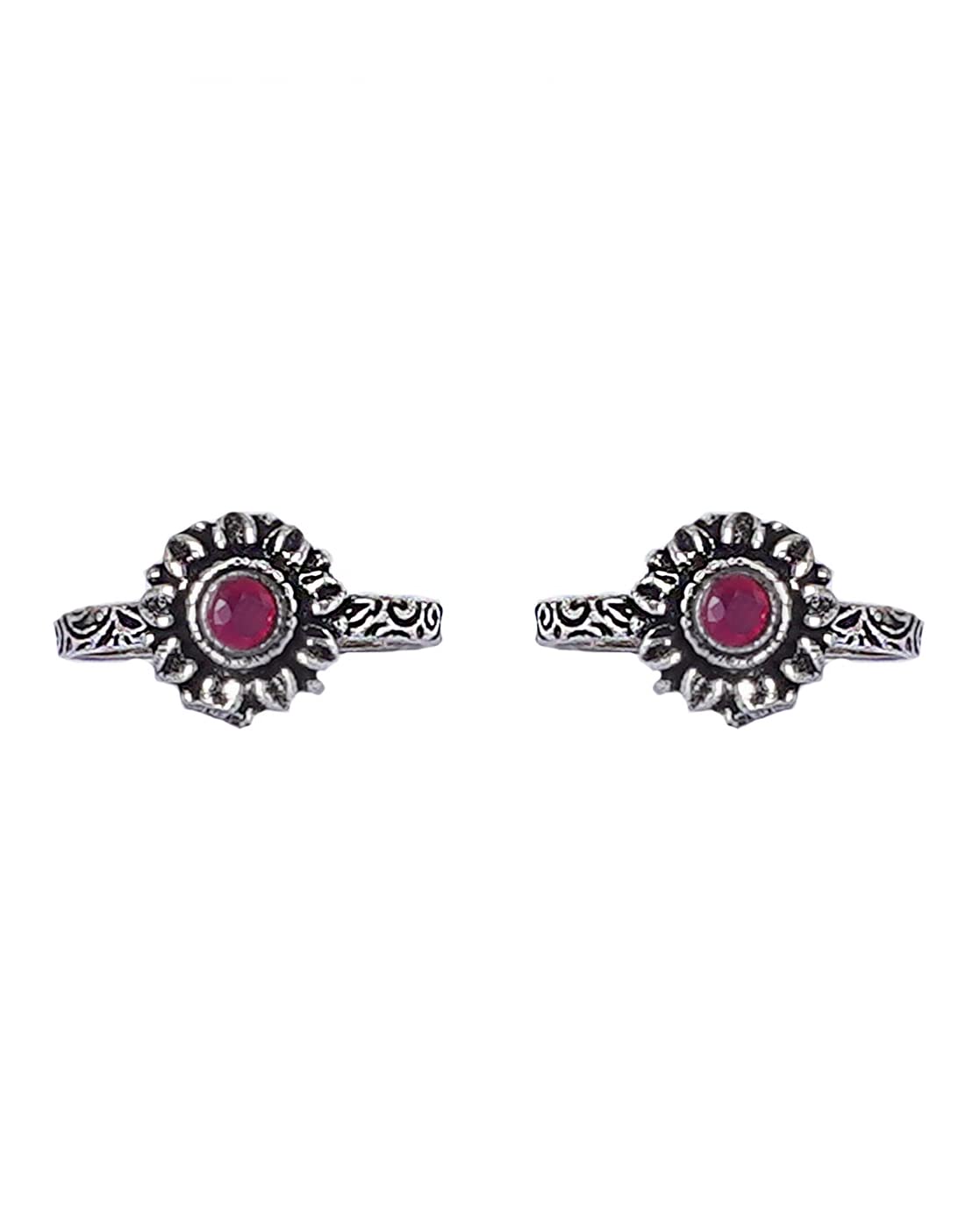 TEEJHKaina Red Stone Silver Oxidised Toe Rings For Women - One Size