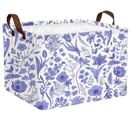 Image of Chinoiserie Rectangle Storage Basket, Blue | Gift Basket Collapsible, Toy Bin, Nursery Playroom Bedroom Decor, Baby Child