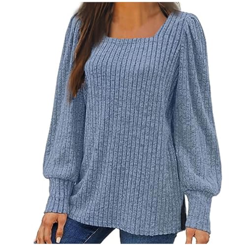 Long Sleeve Autumn Winter Jumpers for Women Square Neck Tops Lantern Sleeve Lightweight Sweaters Ribbed Knit Sweatshirt Pullover Tunic Tops Ladies Oversize Blouses Solid Knitwear