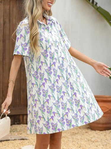 Image of LifeShe Summer Floral Dress Women's Printed Casual Sundress Short Sleeve Button Up Shirt Dresses with Pockets
