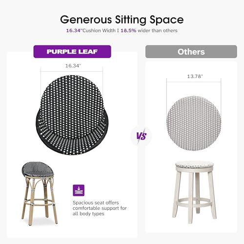 Image of PURPLE LEAF Patio Oversized Backrest Bar Height Stool Set of 1 Outdoor Round Barstools Aluminum Frame in Champagne Finish Woven Rattan for Indoor Kitchen Dining Bistros Cafe Restaurant Black
