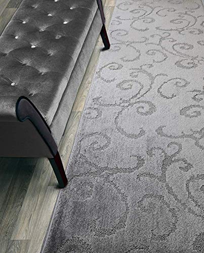 Custom Length Hallway Runner Rug,Slip Resistant,Scroll Grey, 26 Inch X 16 feet, Sold