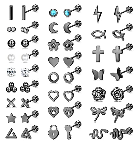 Sanfenly 24 Pairs Stainless Steel Stud Earrings Set for Women Men 20G Tiny Small Cartilage Helix Earrings Screw Back Earrings Hypoallergenic Flat Back Earrings Piercing Jewely Black