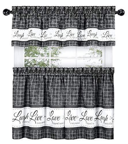 GoodGram Country Gingham Check Live~Laugh~Love 3 Pc. Café Plaid Kitchen Curtain Set - Assorted Colors & Sizes (Charcoal, 24 in. L)