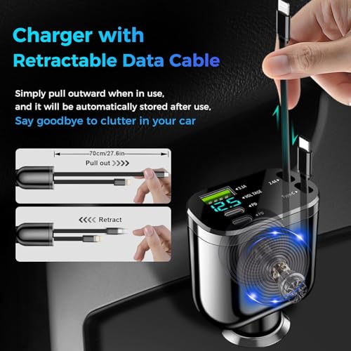 Image of 120W 5 in 1 Retractable Car Charger - Super Fast Car Charger Type C & Lightning Cables, Dual USB Ports, 12V Car Charging Adapter for iPhone 16 /15 /14, Samsung, Android (5 in 1, 1)