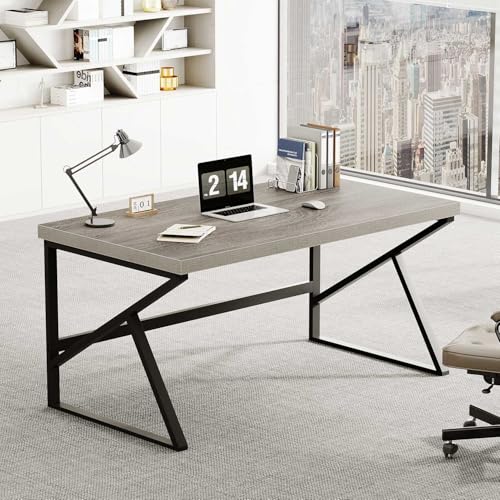 HSH Gray Computer Desk, Industrial Wood and Metal Home Office Desk, Farmhouse Rustic PC Laptop Desk for Executive Work Writing Study Gaming, Modern Simple Bedroom Computer Table, Light Grey Oak, 55 In