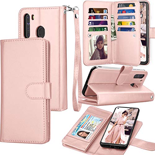 Galaxy A21 Case, [US Version] Galaxy A21 Wallet Case, Tekcoo Luxury PU Leather Cash Credit Card Slots Holder Carrying Flip Cover [Detachable Magnetic Hard Case] Kickstand for Samsung A21 [Rose Gold]