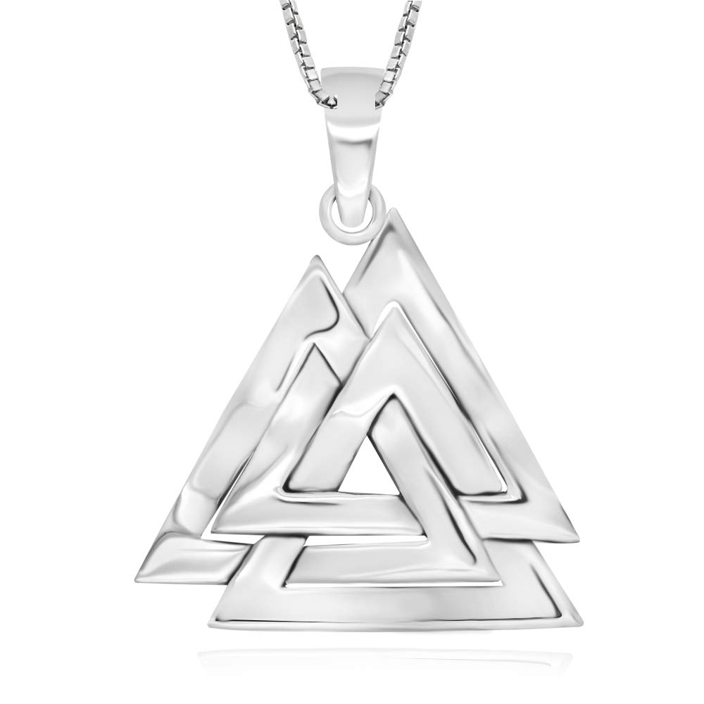 925 Sterling Silver Valknut Viking Knot Norse Runes Odin Pendant Necklace, 18"
