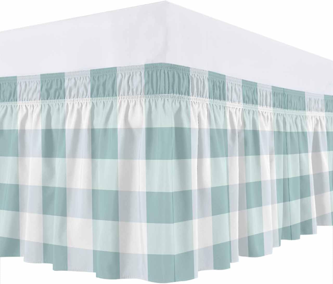 Bed Skirt Teal White Buffalo Plaid Bedskirt 18 Inch Drop Classic Checked Elastic Wrap Around Bed Skirts Dust Ruffle for Cal King Size Bed