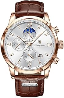 LIGE Herrenuhr Chronograph Multifunktionale Wasserdichter Business Casual Sport Leuchtende Datum Kalender Leder Strap Analog Quarz Armbanduhr für Männer Braun Weiß