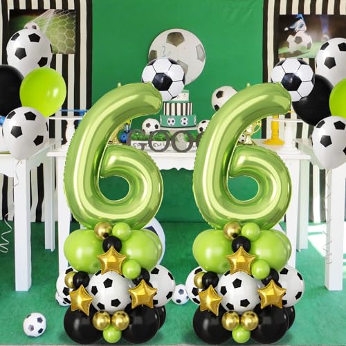Image of 40 Inch Number 6 Balloon Green Soccer Number Six Foil Balloons Tower Set for Boys 6th Birthday Party Decorations Giant Large Digital Aluminum Balloons Stack for Football Lover World Sports Game