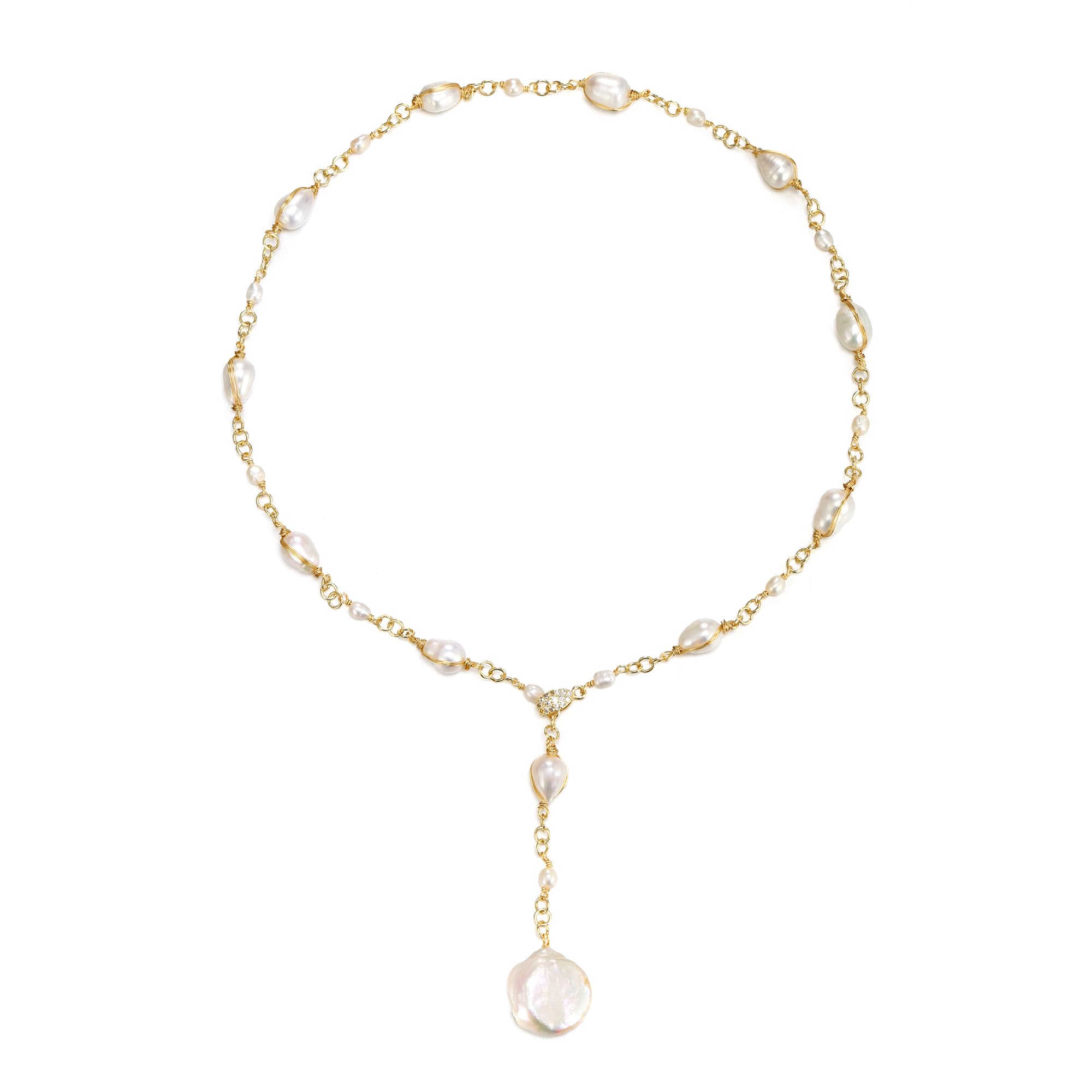 EVER FAITH Vintage Cubic Zirconia 18K Gold Lariat Wrapped Silk Handmade Freshwater Baroque Pearls Y-Shaped Necklace Dainty Wedding Prom Jewelry for