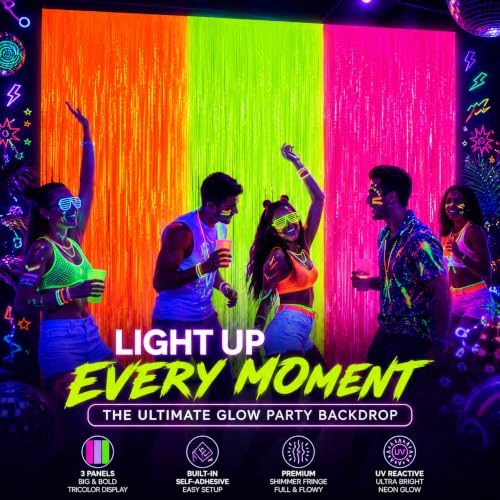 Image of 3 Pack Glow in the Dark Party Supplies, Foil Fringe Curtains, 9.9 x 6.6 ft | Neon party decorations and glow party backdrop for blacklight birthday parties, photo booths, graduations and dance parties