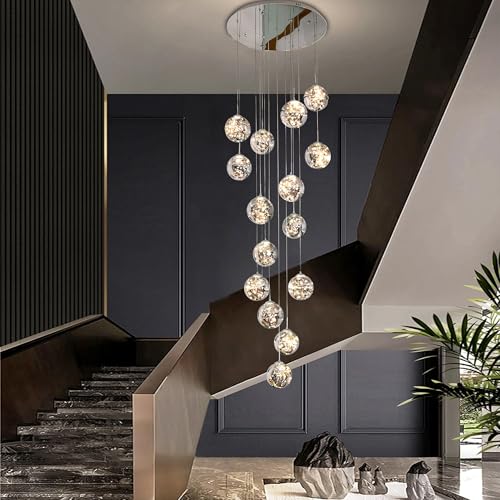 KAUCQI 15-Light LED Staircase Chandelier Crystal Ceiling Lights Large Chandeliers for High Ceilings