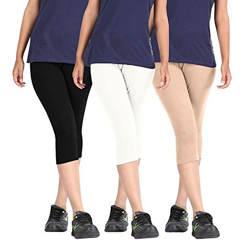 FeelBlue Premium Cotton Strachable Women's Casual/Gym/Sports 3/4Th Straight Fit Capri,Free Size, Pack Of 3 Capris-picture-0