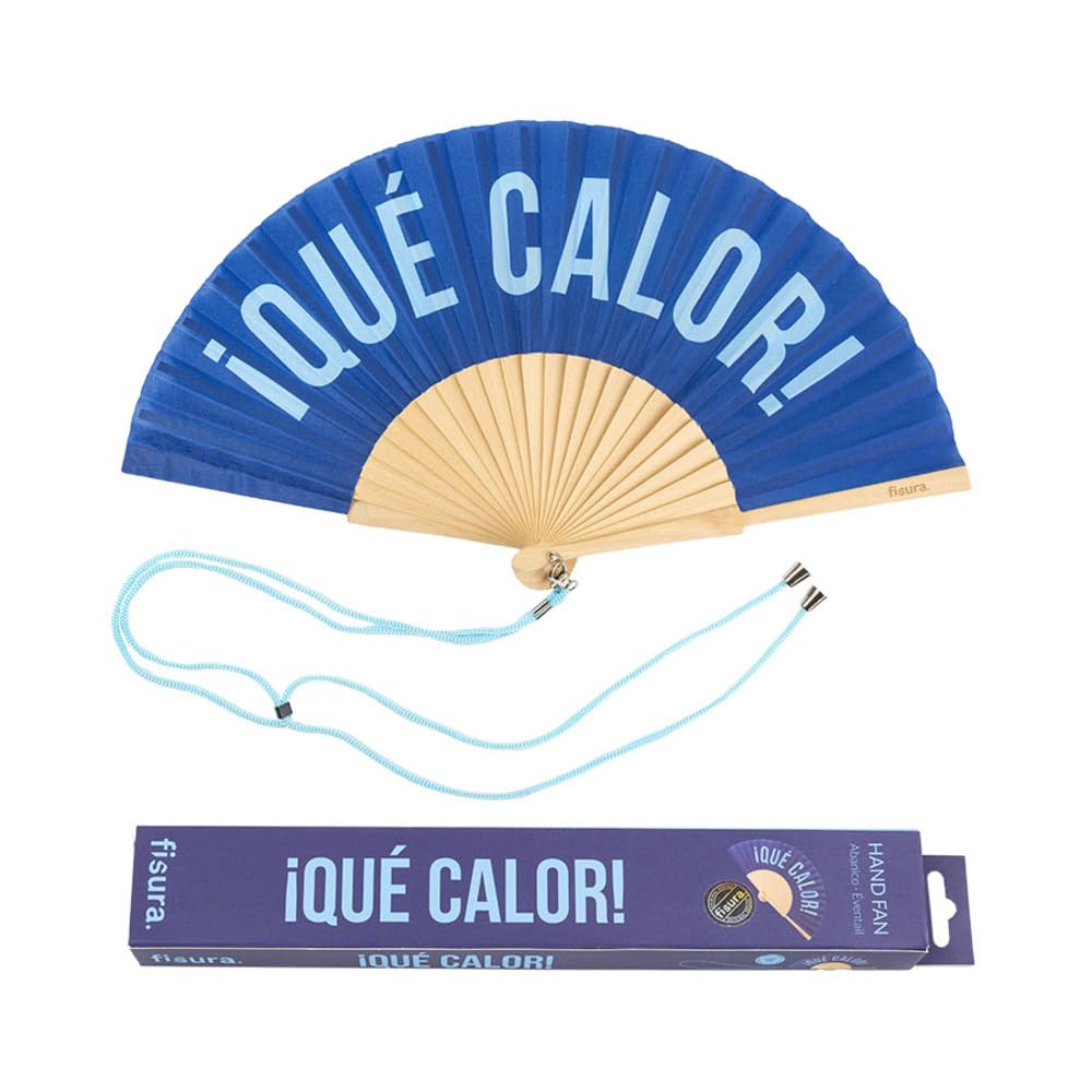Fisura Calor,Blue - Original Handheld Folding Fan With The Message In Spanish. Wooden Fan. Original Holding Hand Fans. Fan With Hanger Included (Qué Calor, Blue)