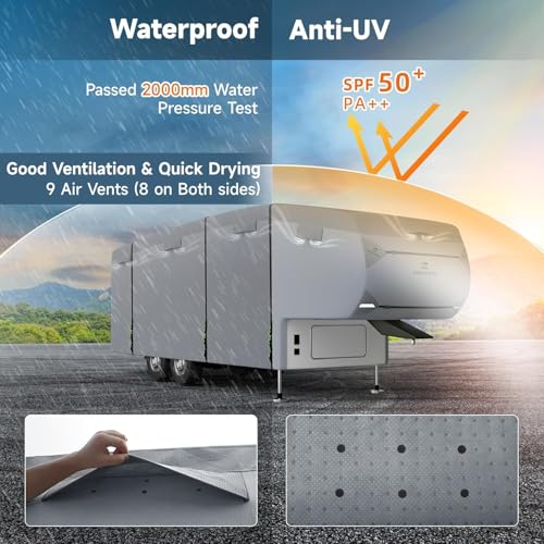 Image of 5th Wheel Cover: Fits 40'-44', Extra-Thick 7 Layers Top, Heavy Duty Anti-UV Waterproof 5th Wheel Cover, with 3 Pcs Windproof Extra Straps