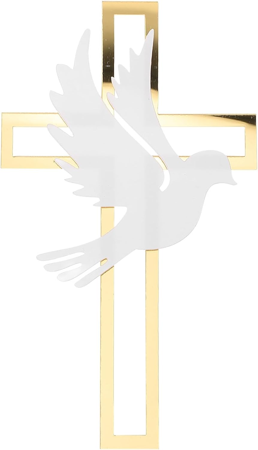 4pcs Gold Base Cross and Dove Baptism Cake Toppers Non-edible Religious Cake Inserts for Baptism Birthday Party Decorations