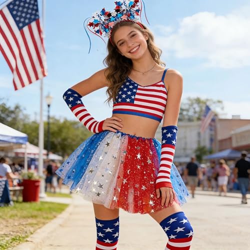 BleSky 4th of July Tutu Set Red White and Blue Tutu Patriotic Costume Accessories Set Independence Day Costume Halloween Cosplay Party for Girl Women