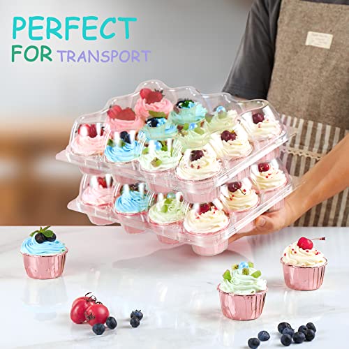 (12 Pack X 15 Sets) Farielyn-X Stackable Cupcake Carrier Holders With 200 Pack Cupcake Liners, Plastic Cupcake Boxes For 12 Cupcakes, Clear Disposable Cupcake Containers, Tall Dome Lid Cupcake Trays #TOP2