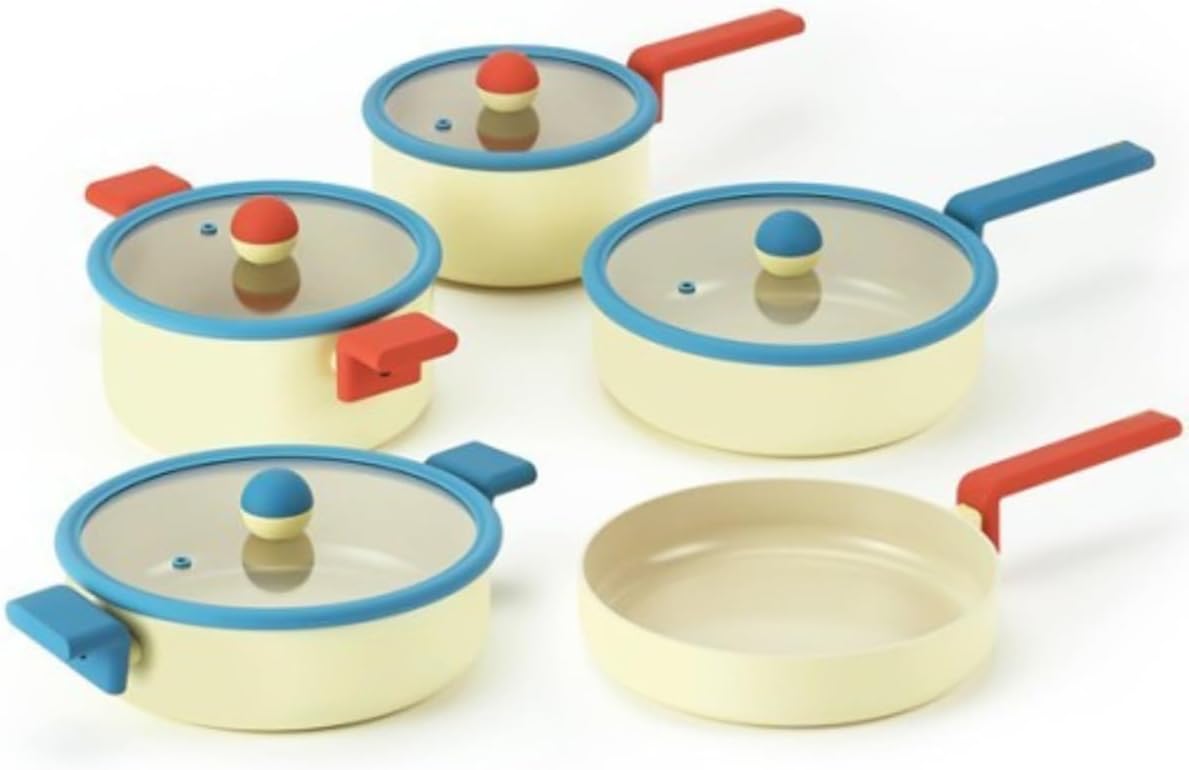 Danish 9-Pieces Forged Cookware Set with Lid, Kitchen Nonstick Ceramic Coating Pot, Saucepan, Skillet, Multi Frying Pan, Induction Compatible Kitchenware, Soup, Noodle, Stew, Tamagoyaki, Made in Korea