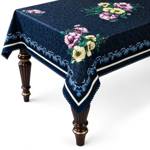 Image of Floral Dining Table Cover for 4 Seater | 58 x 38 Inch Rectangle Polyester Table Cloth | Washable Fabric Table Cover for Dining Table | Dust & Scratch Protection | Blue Saffron