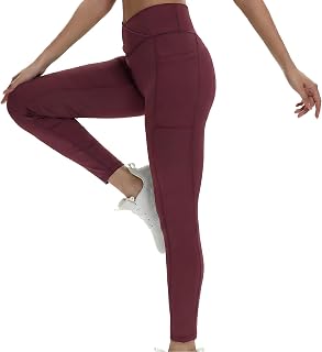 Women Tight Yoga Leggings with Pockets V-Cross Waist High Waist Tummy Control Butt Lifting 7/8 Workout Tights