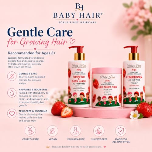 Image of BABY HAIR Kids Strawberry Hair Care Set - Shampoo & Body Wash, Conditioner & Hair Mask, Tear-Free, Sulfate-Free, pH-Balanced with Strawberry Oil, Camellia Oil & Biotin for Kids, 3-Piece Set
