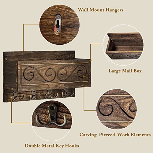 Key And Mail Holder For Wall Mounted With Purple Decorative Flowers, Large Wooden Mail Box With Wave Carving Pattern, 4 Double Metal Key Hooks, Rustic Decor Wall Mount Organizer For Entry #TOP4