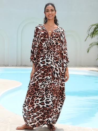 Image of IMAGEKOPE Women's Plus Size Animal Print V-Neck Batwing Kaftan Beach Dress Bathing Suit Cover-Up Loungewear