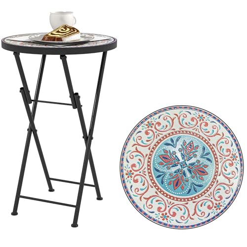 Outsunny Mesa Auxiliar Redonda Mesa de Jardín Exterior Plegable con Encimera de Mosaico y Almohadillas Antideslizantes Mesa para Exterior Terraza Patio Ø35,5x55 cm Multicolor